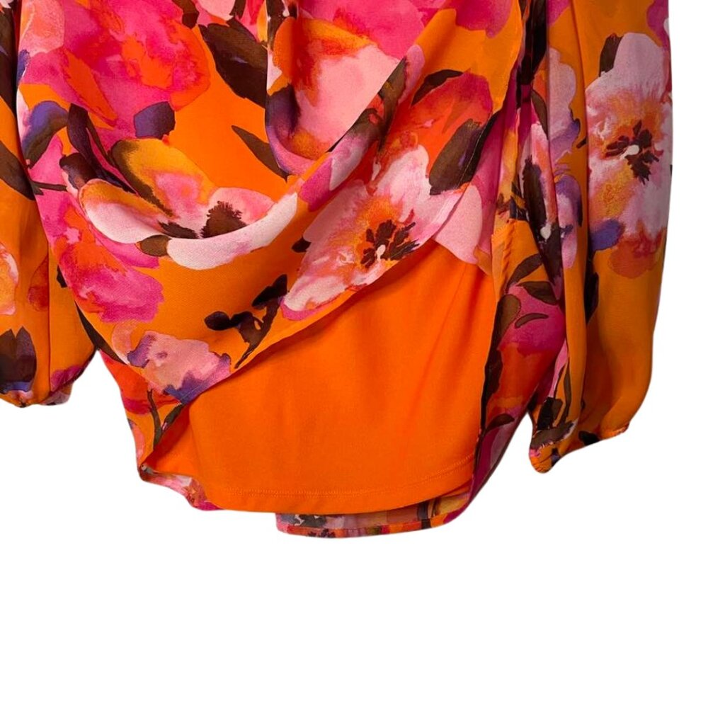 Bar III Vibrant Orange Floral Boho Tie Neck Peasant Blouse Size Medium - Picture 6 of 13